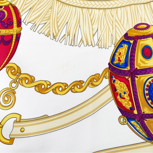 CELINE Paris 100% Silk Jewel Baroque Egg Large Square Scarf Blue Trim - Picture 7 of 9